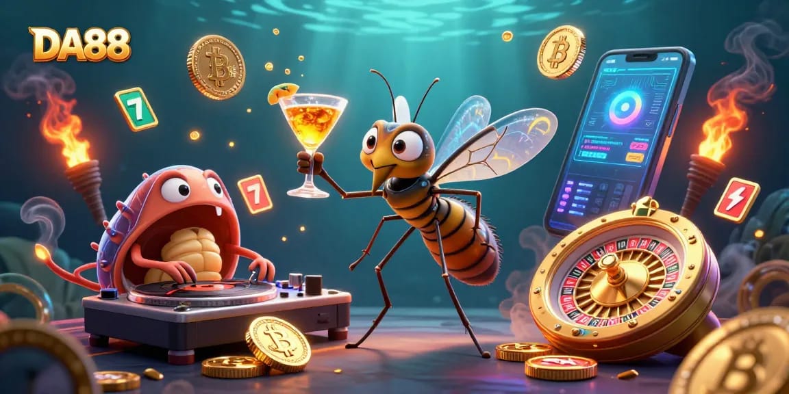 Engage with DA88 through a vibrant casino scene featuring a unique mosquito mascot and thrilling gaming elements.