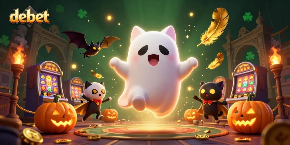 Play debet with vibrant ghost cat and vampire bat in a haunted casino ambiance.