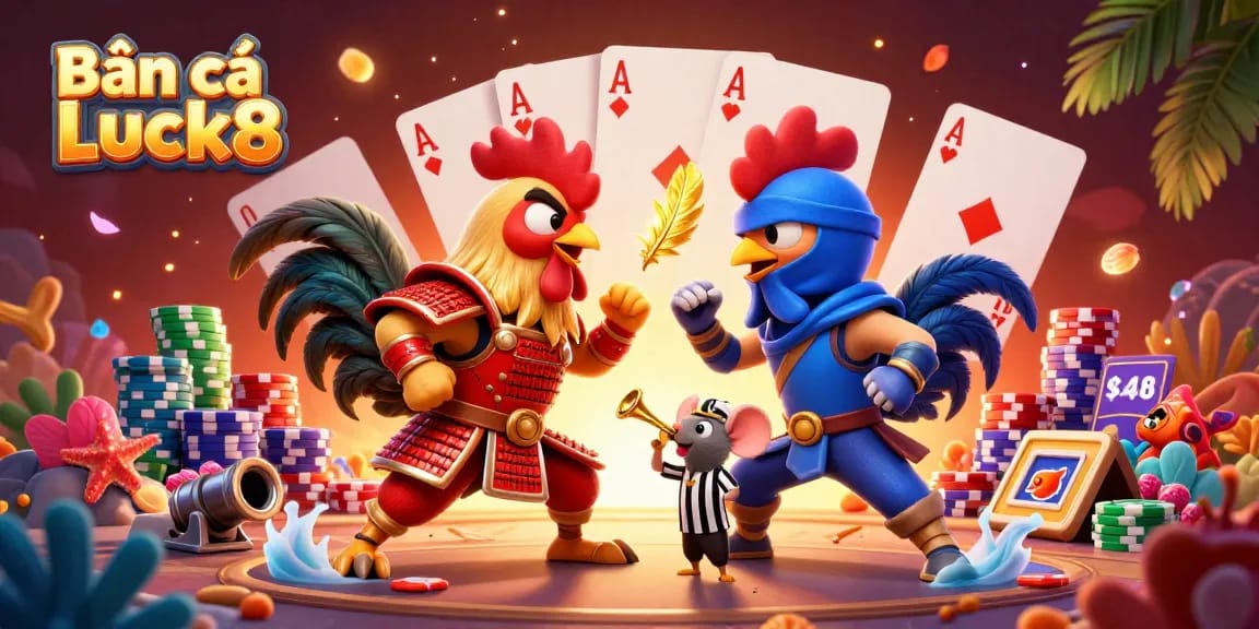 Bắn cá Luck8 features vibrant twin roosters in an underwater showdown among colorful sea creatures and casino elements.