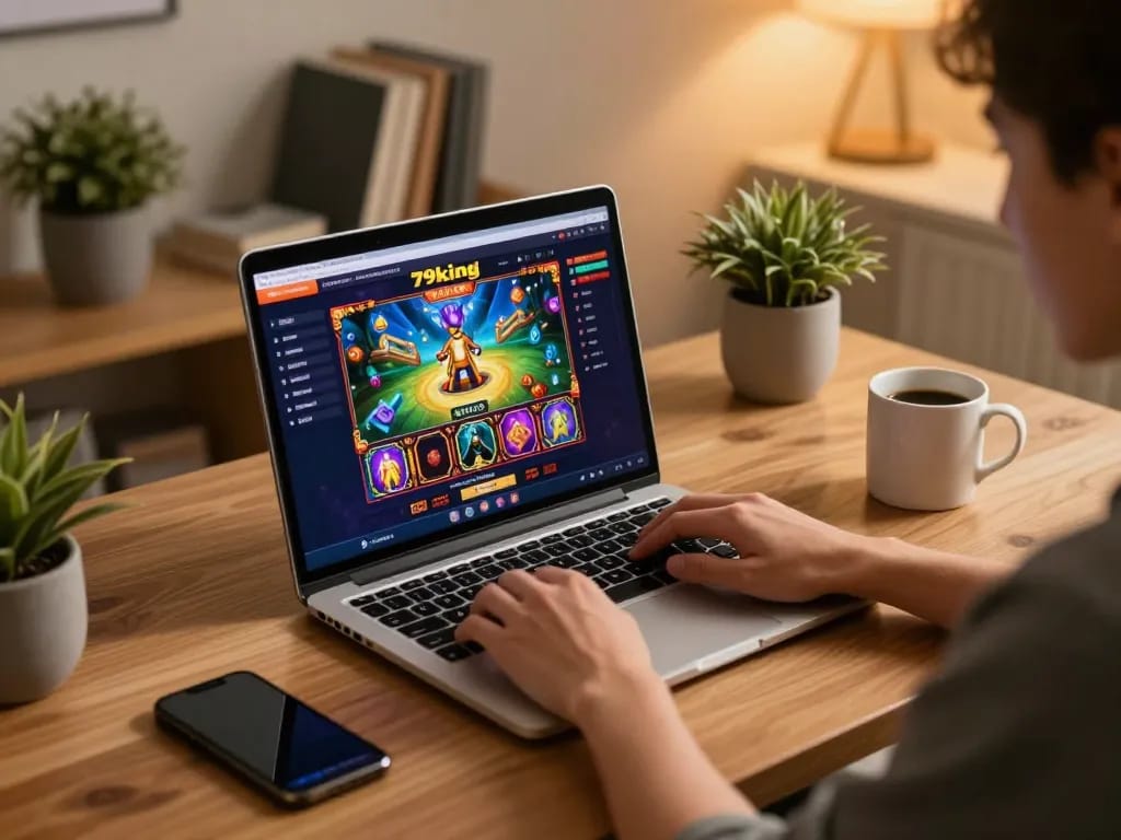 Engaged user enjoying 79king online gaming experience on a stylish home setup.