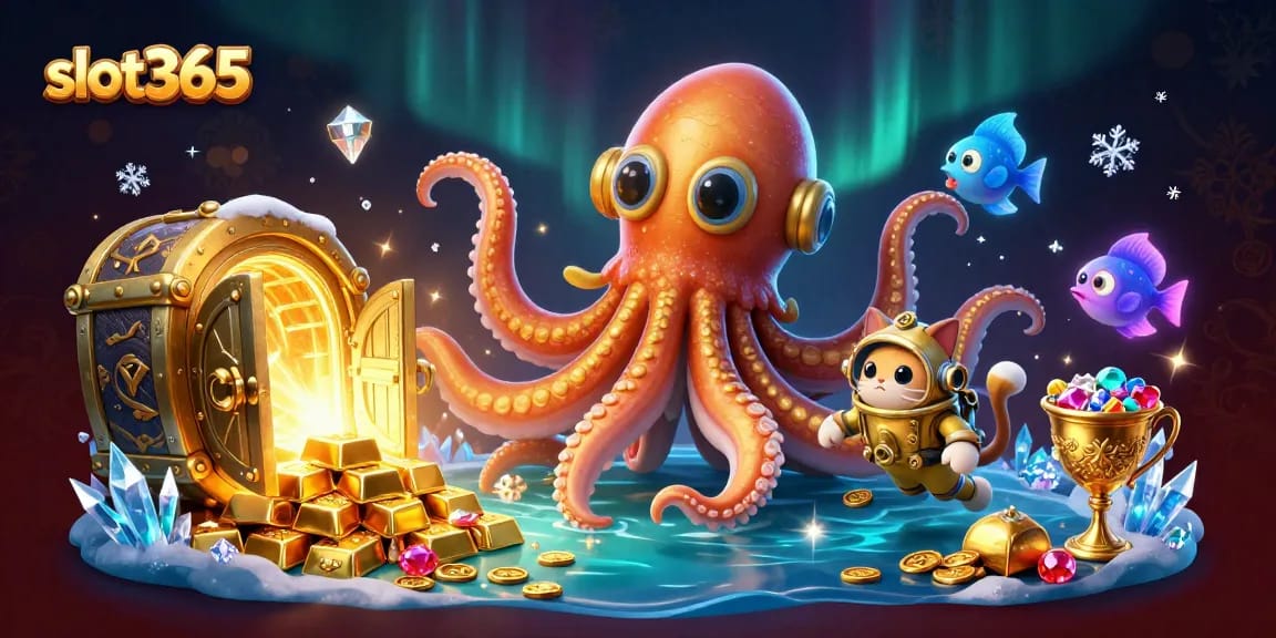 Spin the reels at slot365 with treasures guarded by a colossal kraken and a diving cat.