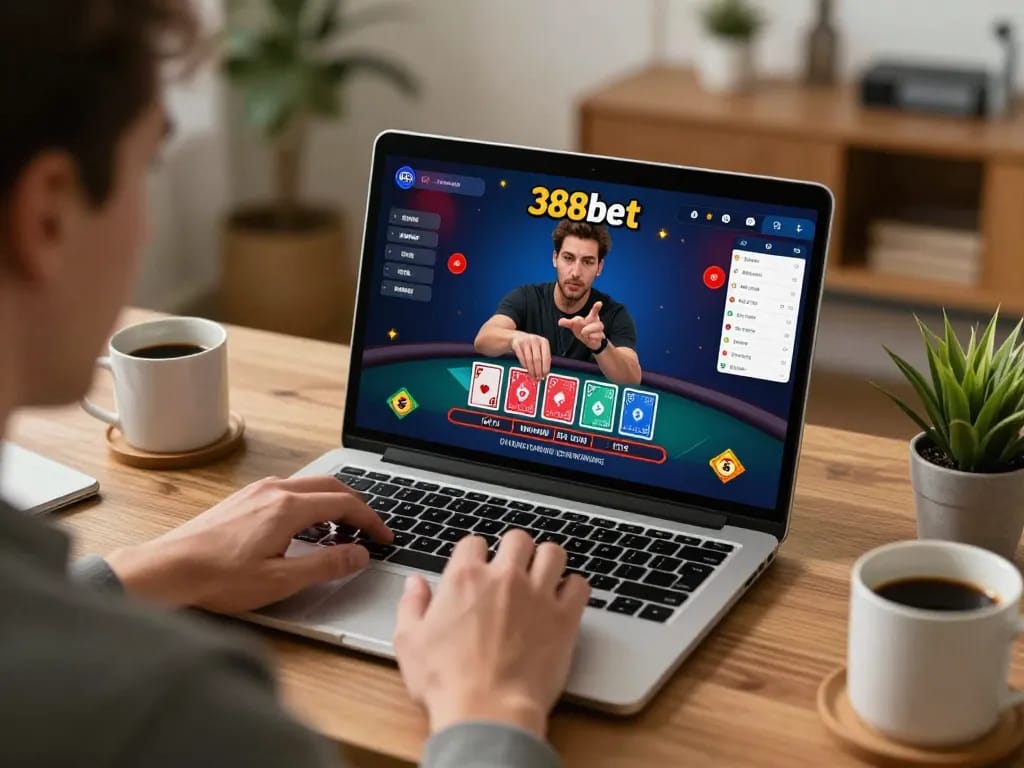 Player engaging in online blackjack game at 388bet with focused expression and cozy home setup.