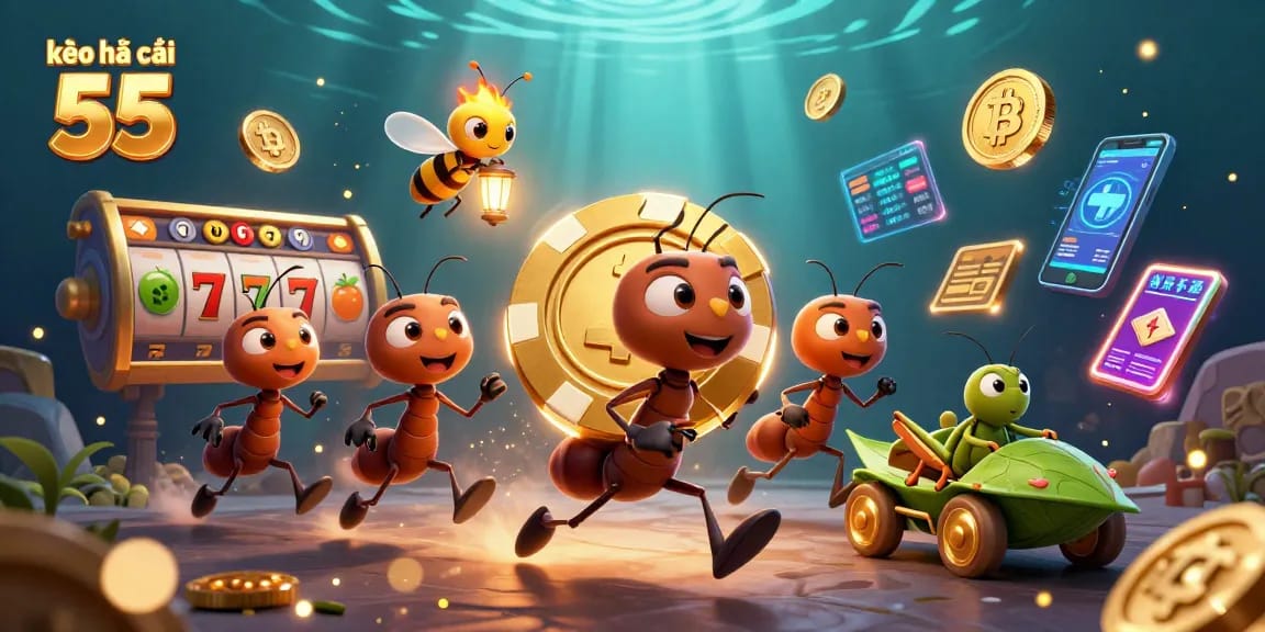 Engaging scene of kèo nhà cái 55 with cartoon ants heisting a giant poker chip, vibrant casino elements.
