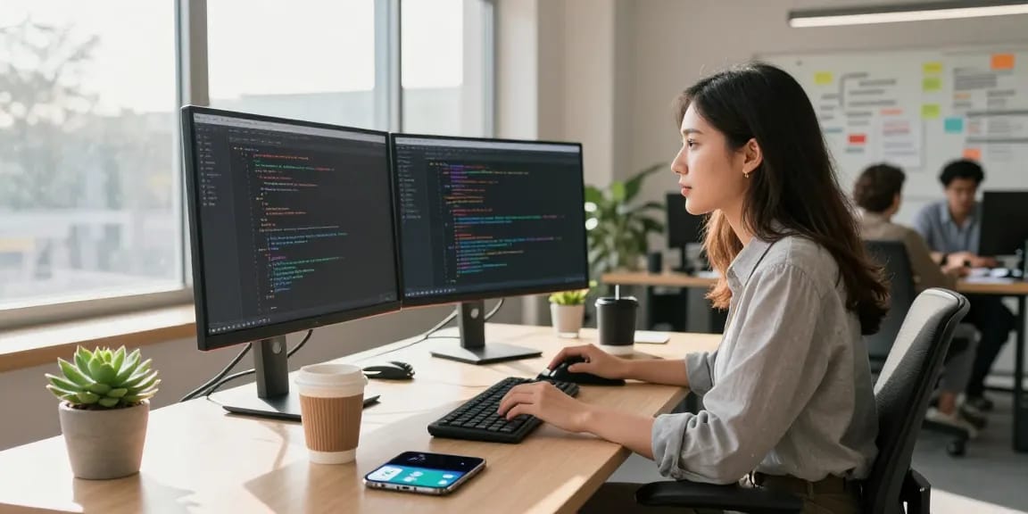 Creative coding workspace with Telegram notifications on screen and modern tech setup for 纸飞机中文版官网.