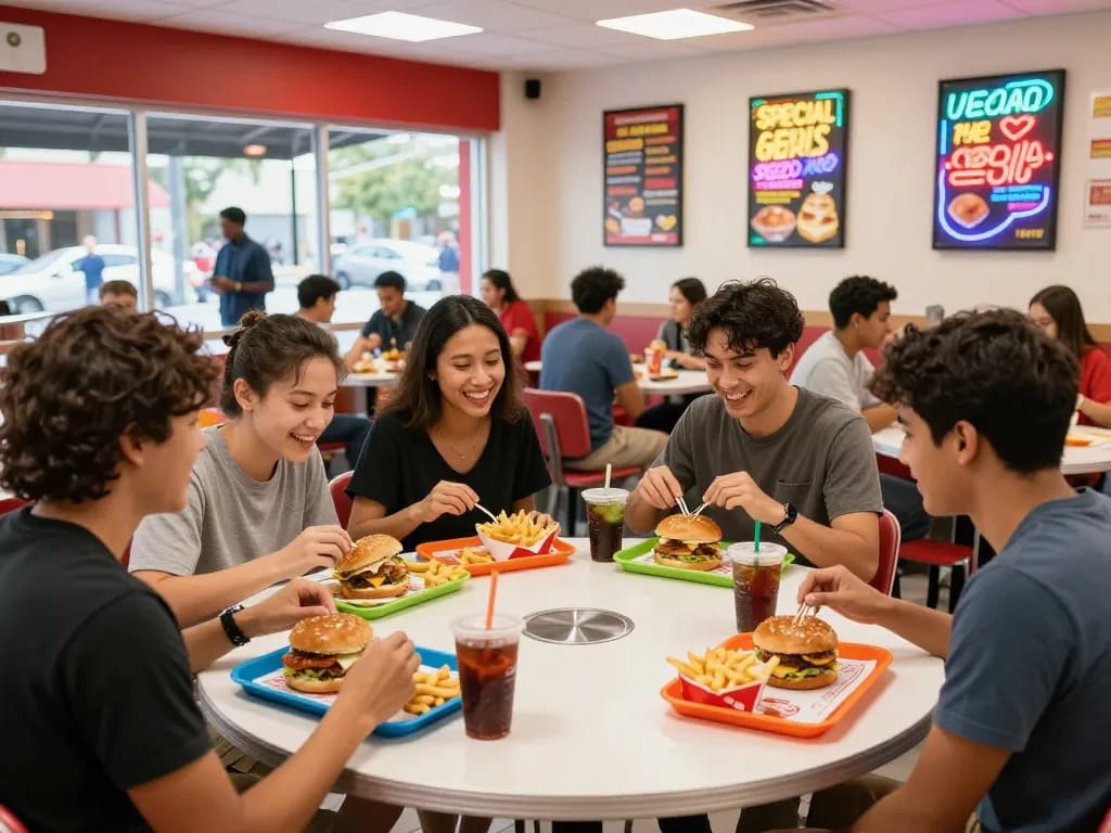 Fast food prices displayed with colorful meals in a lively restaurant setting