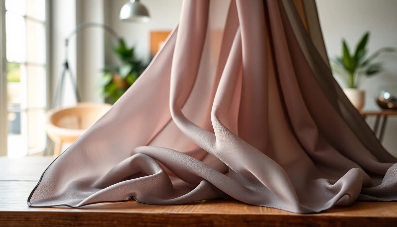 Chiffon stof prachtig gedrapeerd op een tafel, met nadruk op de unieke textuur en kleuren.