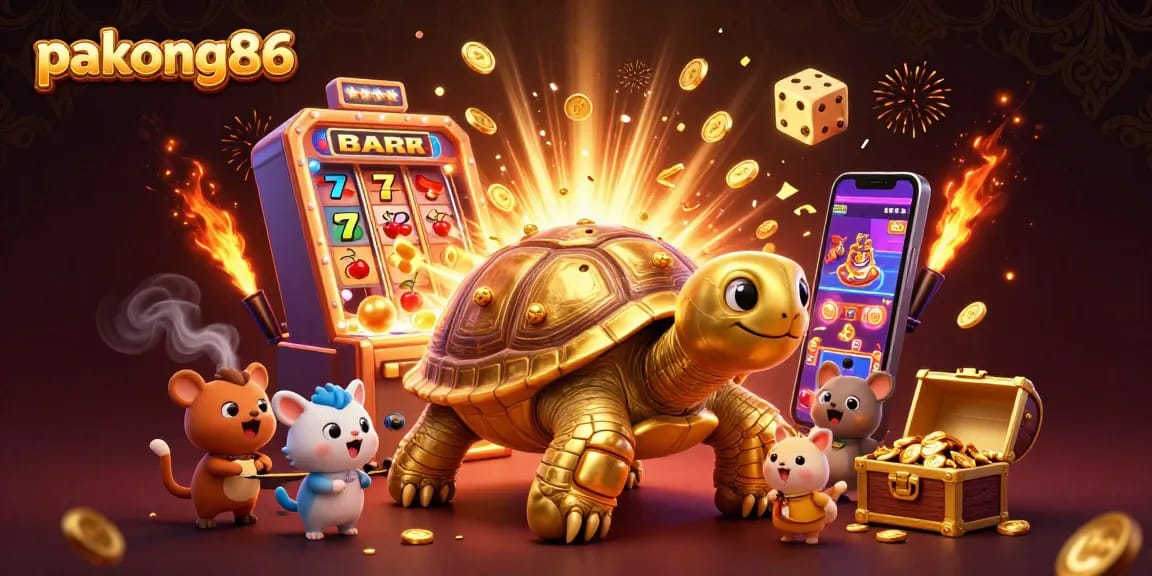 Experience exciting wins with pakong86 in a vibrant 3D casino scene filled with slot machines and golden treasures.