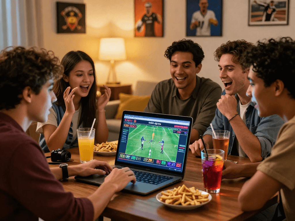 Friends engaging in online betting on http://oxbet-app.com in a cozy living room, showcasing excitement and joy.