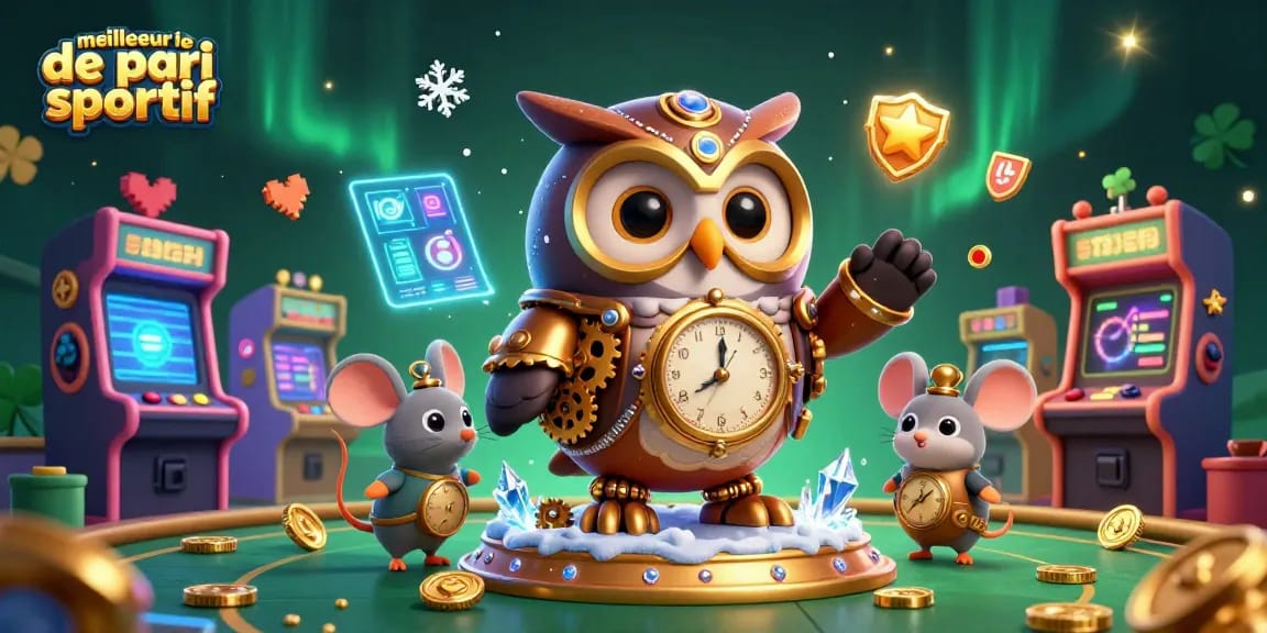 Accédez au meilleur site de pari sportif avec une illustration captivante mettant en avant un hibou mécaniste.
