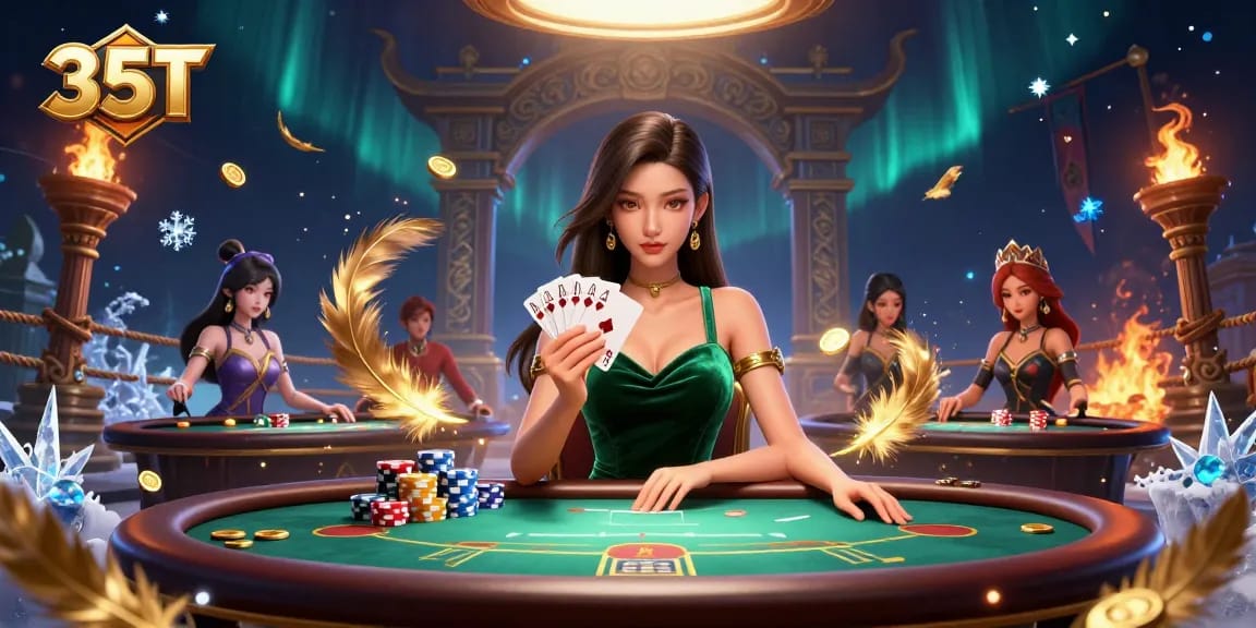 Experience thrilling gameplay action at 35T casino featuring a beautiful card player amid dynamic game elements.