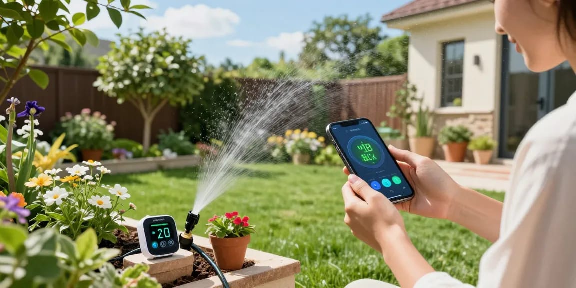 Gardener using the rainpoint wifi water timer to maintain a flourishing garden with smart watering technology.