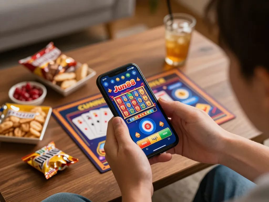 Player engaging with Jun88 mobile app for casino games, showcasing vibrant gaming interface.
