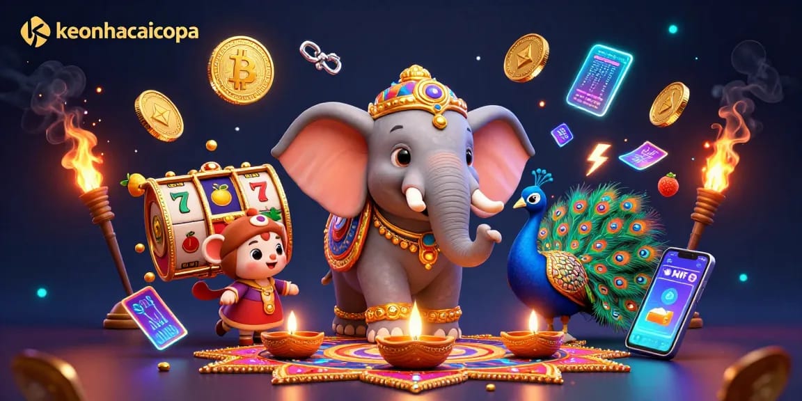 Engage with keonhacaicopa at an exciting casino scene filled with vibrant slot reels, lucky symbols, and crypto elements