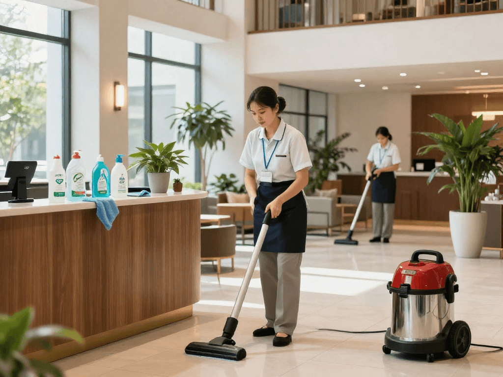 Hotelreinigung in Dortmund: Professionelle Reinigungskräfte sorgen für eine saubere Hotel-Lobby.
