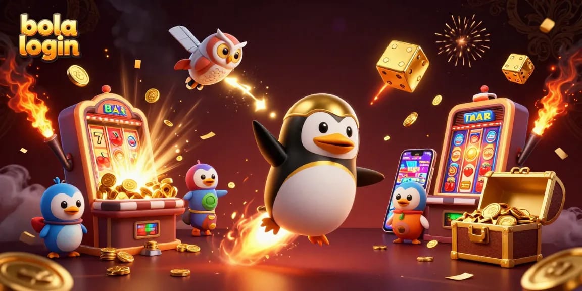 Engage with the best of online gaming at bola login, featuring a golden penguin and vibrant casino elements.