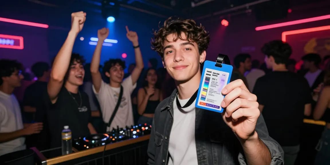 Young adult confidently entering a club with Club21ids novelty ID, vibrant nightlife setting.