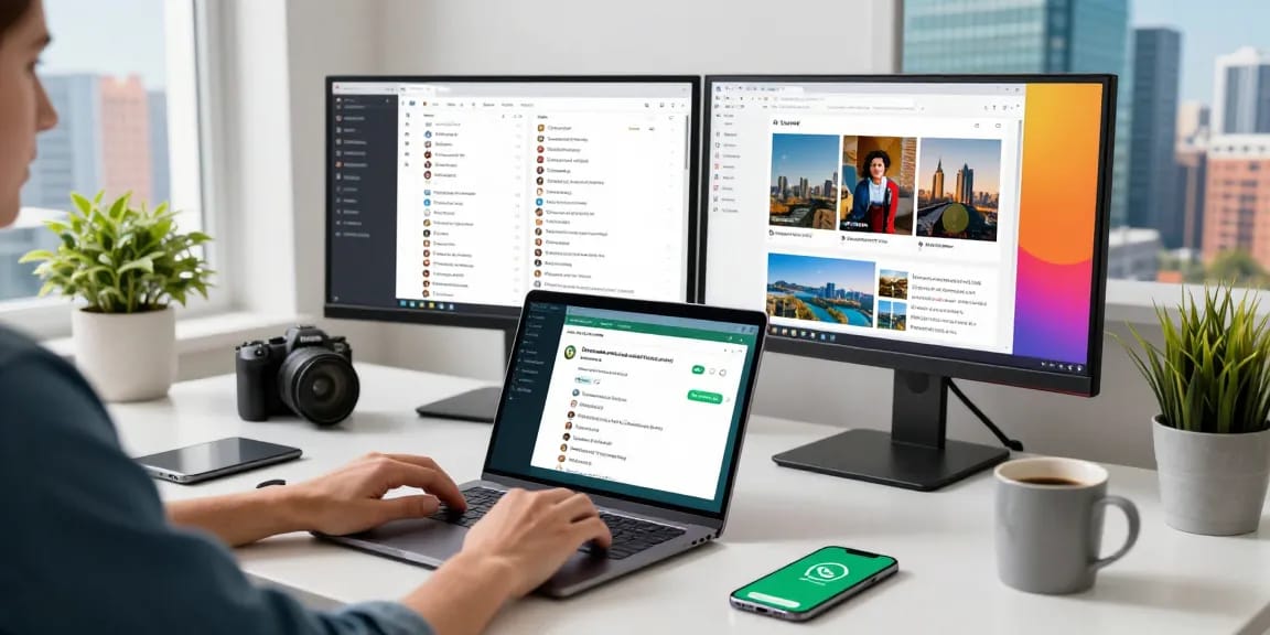 Using WhatsApp網頁版 on a laptop in a modern workspace.