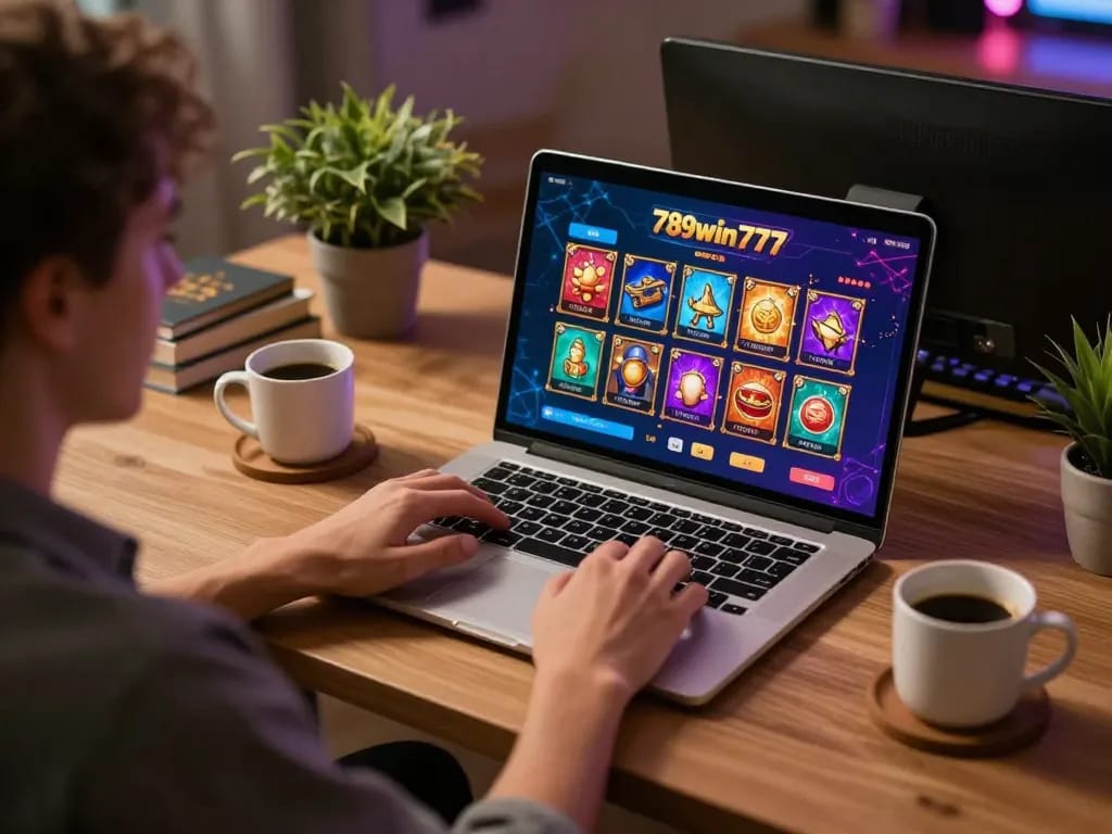 User enjoying an exciting online gaming session with 789win777 on their laptop, surrounded by a cozy atmosphere