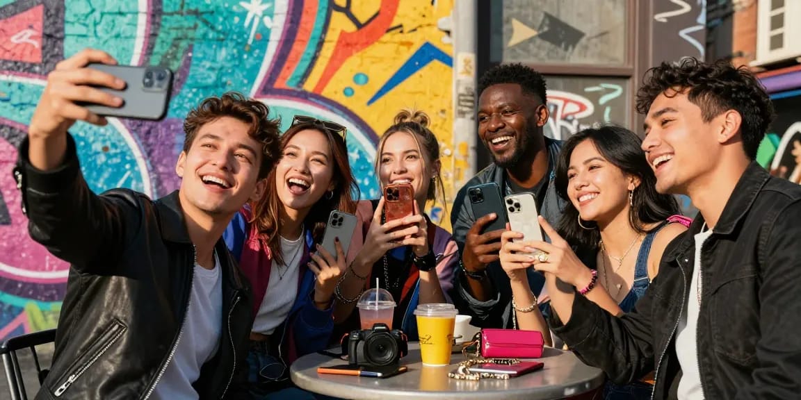 Friends comparing their celebrity look alike matches on smartphones in a vibrant street setting.