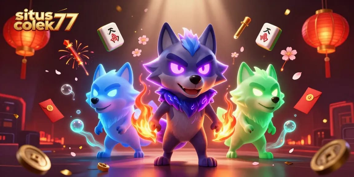 Immerse in the world of situs colek77 with a dynamic 3D casino scene featuring ghostly wolves and vibrant gaming elements.