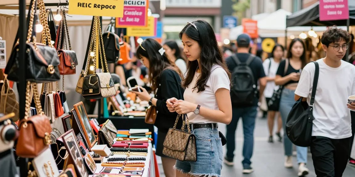 Stylish young woman shopping for high-quality 레플리카 accessories in an urban marketplace