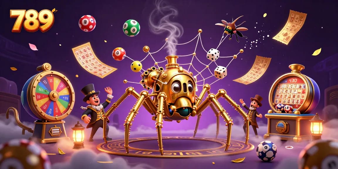 Engage with 789's dynamic steampunk casino scene filled with vibrant gaming elements and whimsical characters.