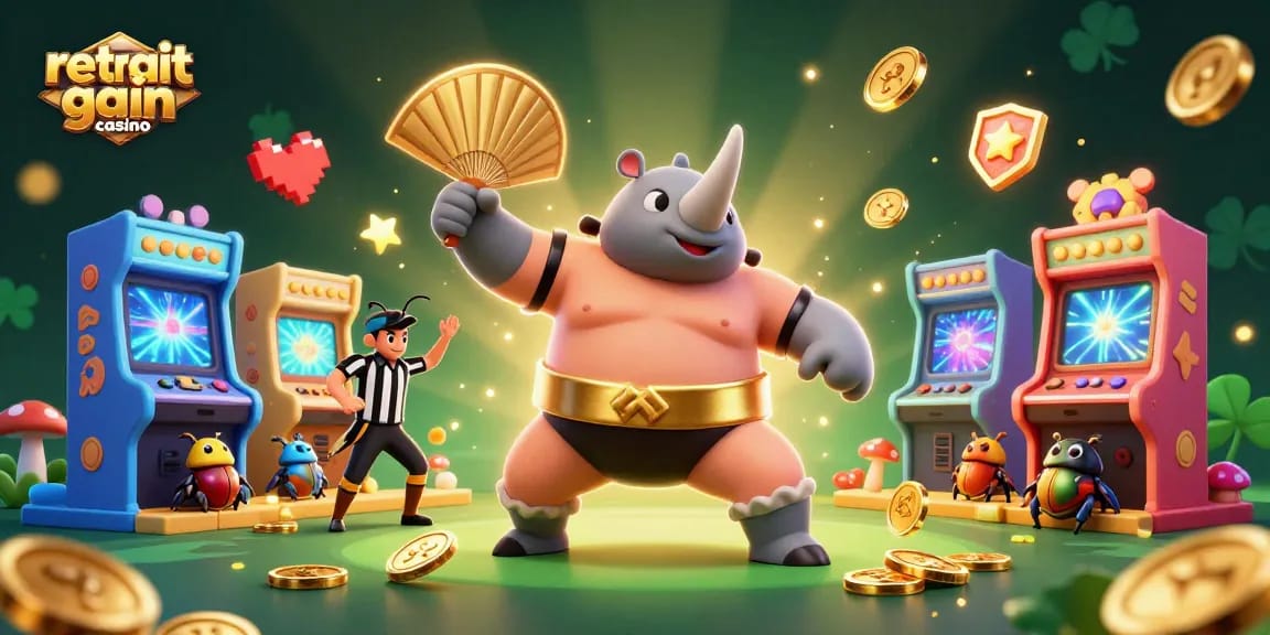 Retrait gain casino : illustration dynamique d'un scarabée sumo champion envoyant des pièces d'or en l'air