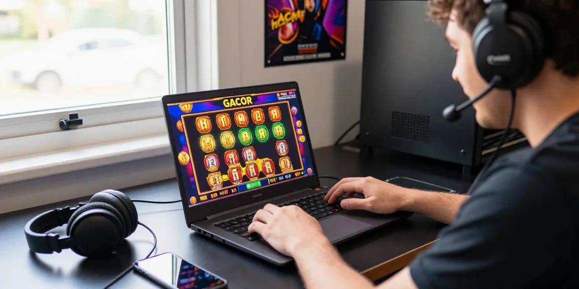 Excited player enjoying a slot gacor game on a laptop, vibrant graphics displayed.