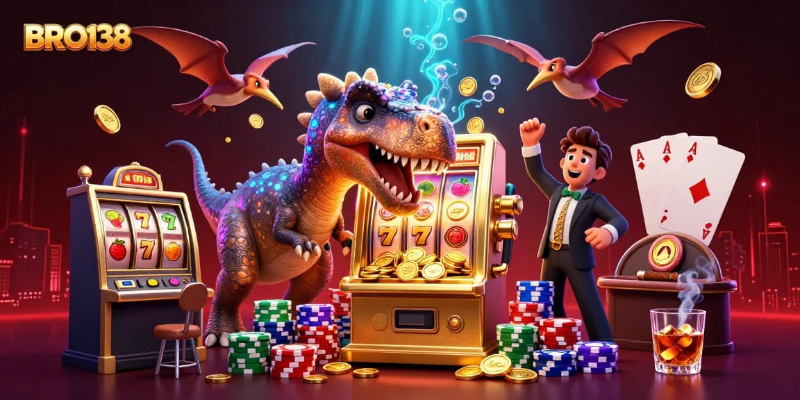 Experience spectacular wins at BRO138 with a pachycephalosaurus jackpot and flying coins flying in a vibrant casino scene.