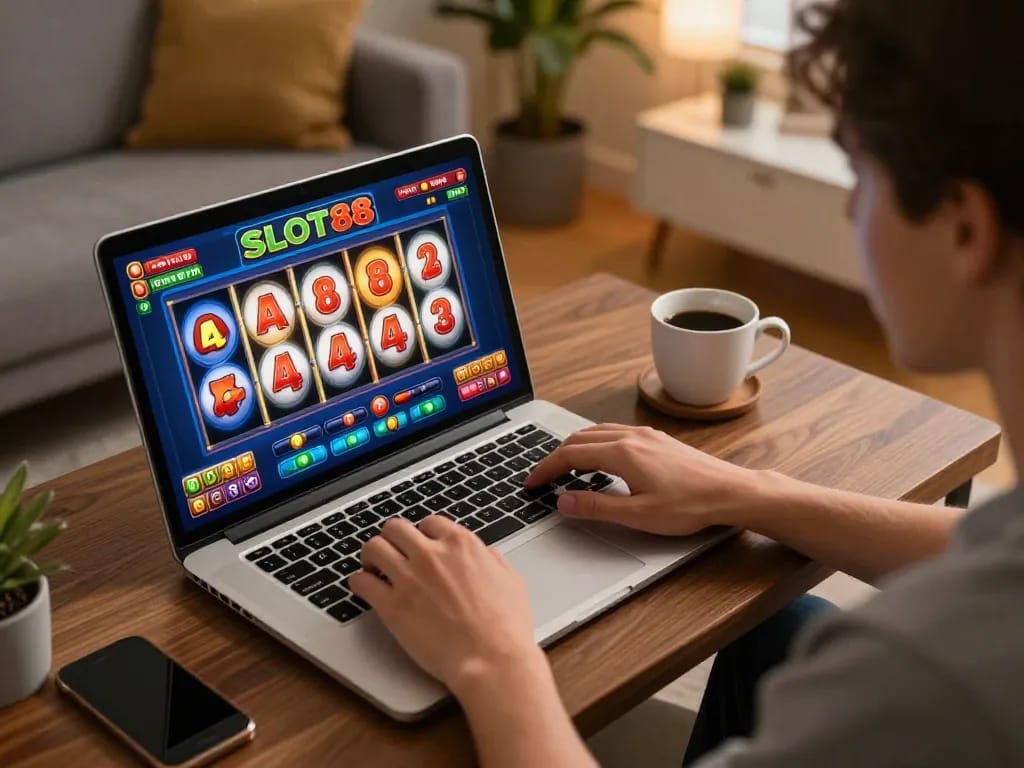 SLOT88 gameplay on a laptop in a cozy home setting, highlighting exciting online gambling experience.