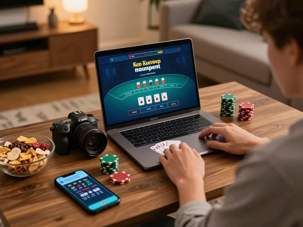 Player strategizing during a live dealer blackjack game at home, showcasing fabet's online gaming experience.