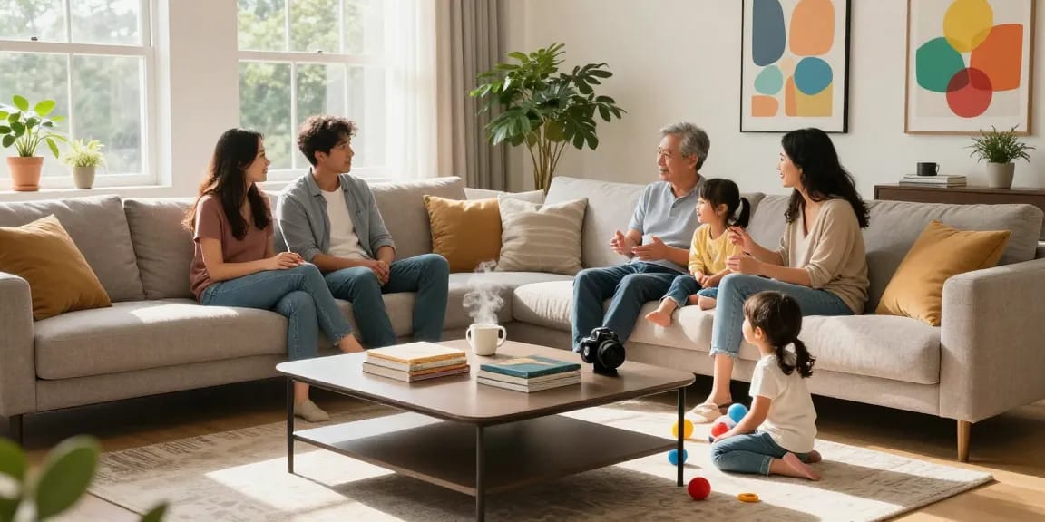 Family enjoying a cozy living room with depo 5k furniture, warm atmosphere, and stylish decor