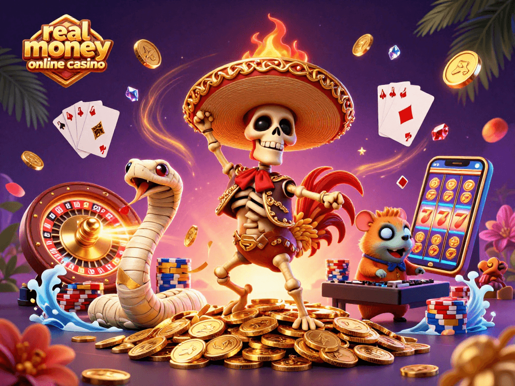 Experience the excitement of real money online casino gameplay with vibrant dancing skeletons and festive elements.