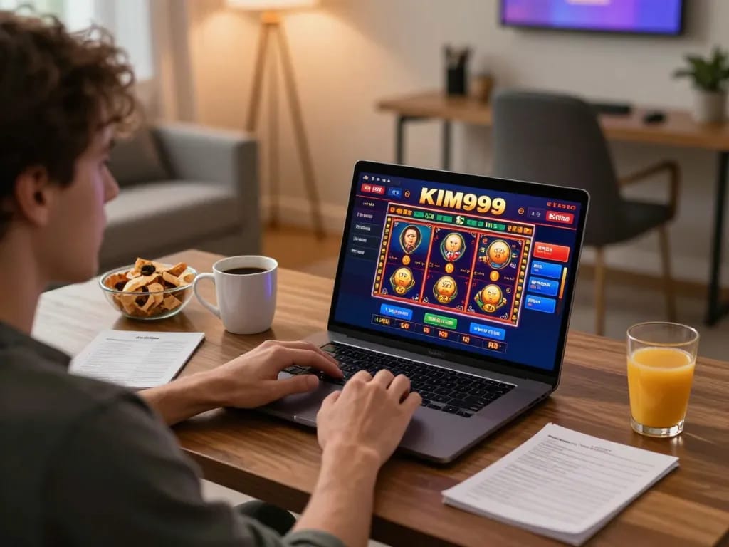 Player enjoying KIM999 online casino game at home, showcasing engaging betting interface.