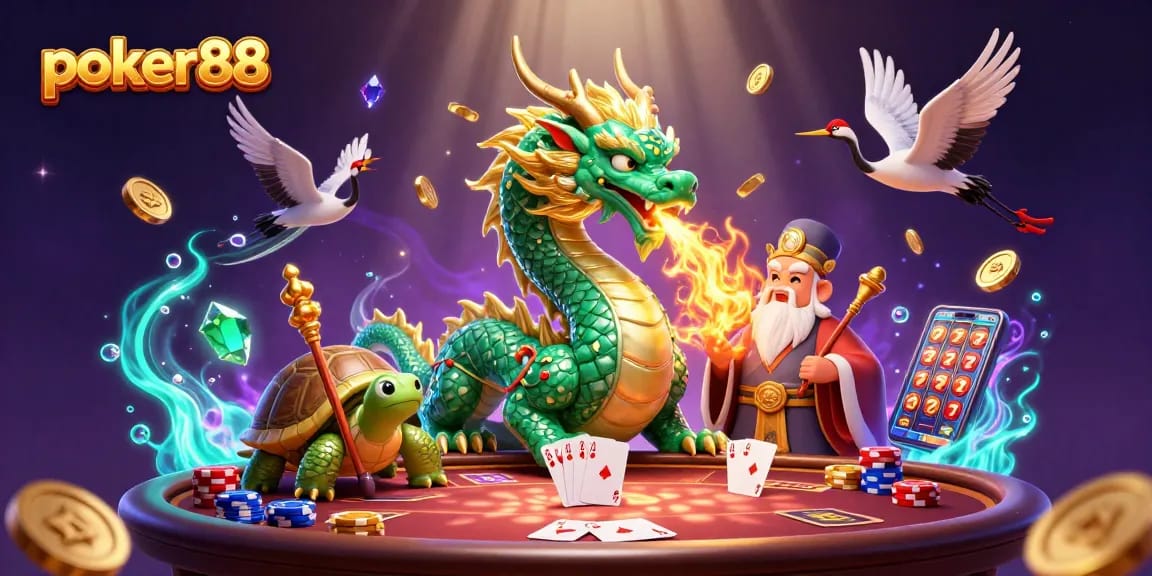 Experience poker88's thrilling games with a vibrant dragon, sage, and lucky cranes in action.