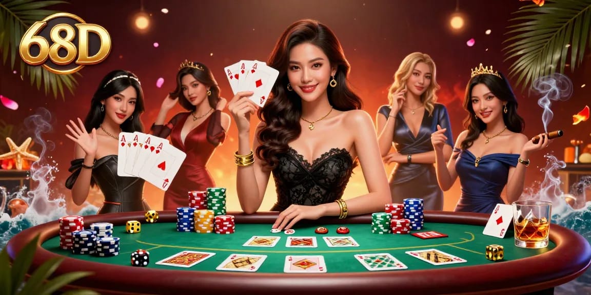 Experience thrilling gameplay at 68D with an elegant dealer holding cards, surrounded by vibrant casino elements.