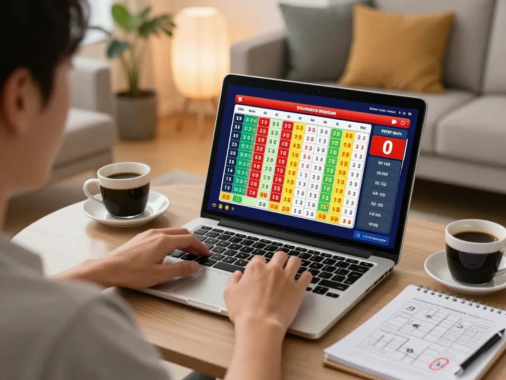 Engage in exciting togel hongkong gameplay on a sleek laptop in a cozy home setting.