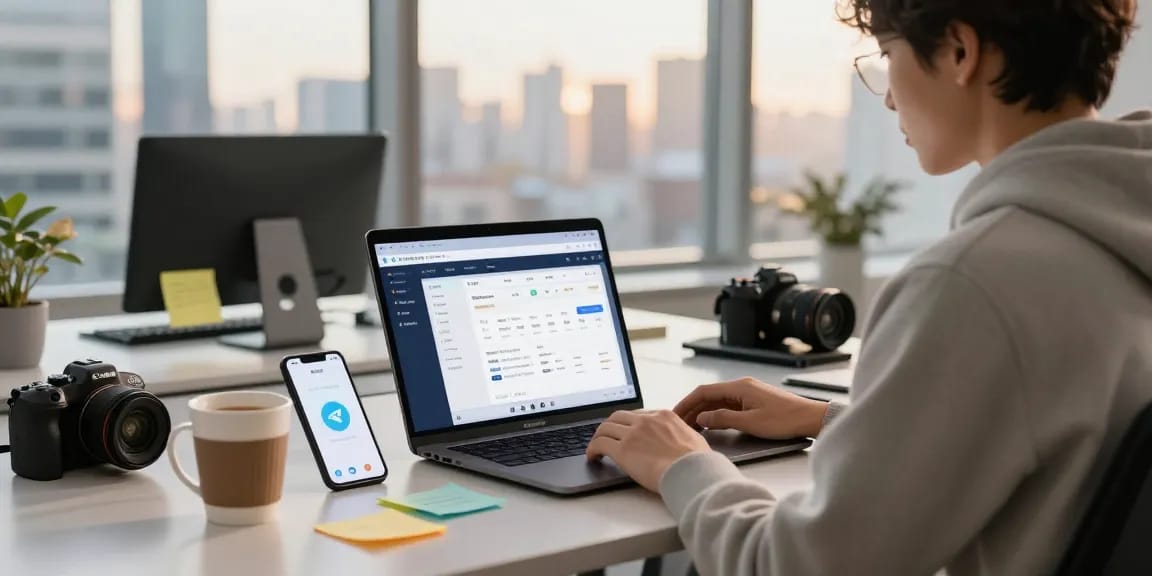 Innovative tech workspace showcasing the 纸飞机中文版官网 app on laptop, surrounded by communication gadgets.