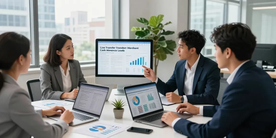Business professionals discussing live transfer merchant cash advance leads in a modern office.