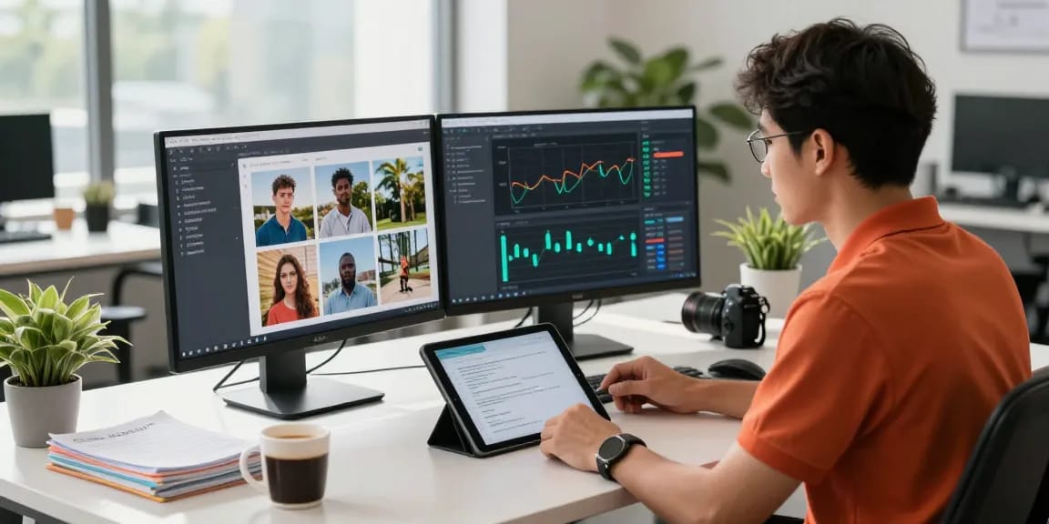Data scientist using a free AI image detector in a modern tech workspace