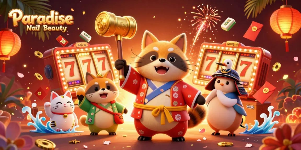 Experience thrilling wins at Paradise Nail Beauty with cheerful tanuki and lucky symbols in a vibrant scene.