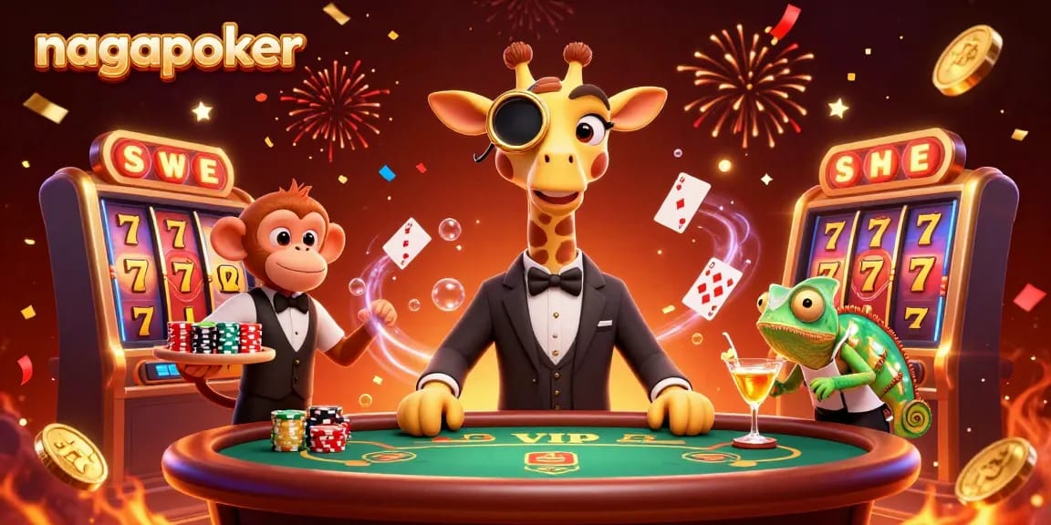 Play thrilling slots at nagapoker with a lively character scene featuring jackpots and vibrant casino elements.