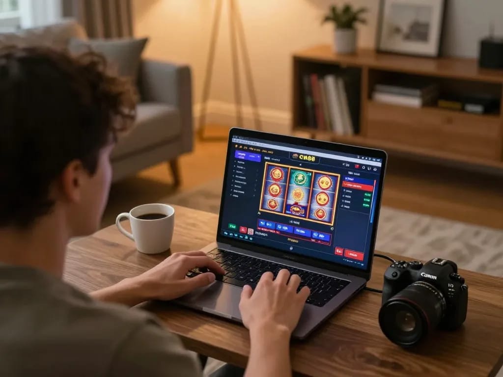 Person engaged in online gaming at CM88 casino on laptop in cozy living room setting