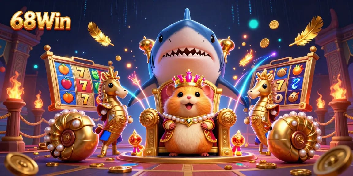 Experience thrilling wins with 68Win's vibrant casino scene showcasing slot reels and a hamster king.