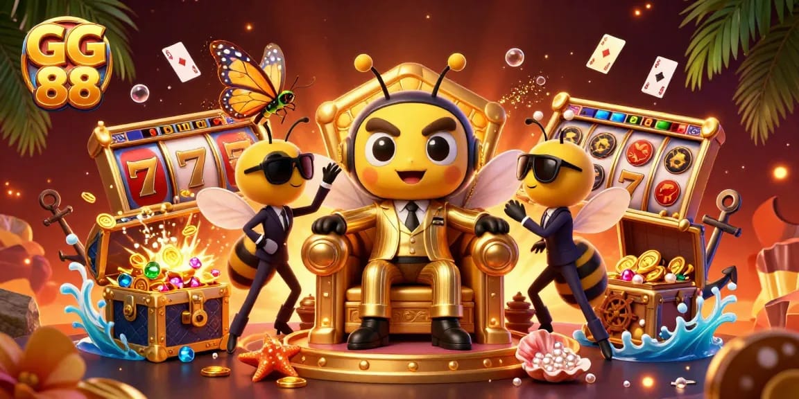 Experience the excitement of GG 88 with a vibrant casino-themed 3D illustration featuring unique characters amidst dynamic gameplay elements.