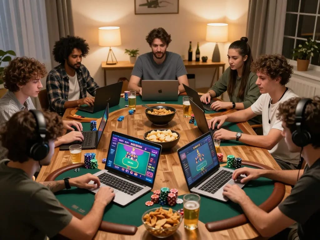 Các game thủ LỢI8 tham gia một ván poker trực tuyến hồi hộp với tinh thần cạnh tranh tại nhà.