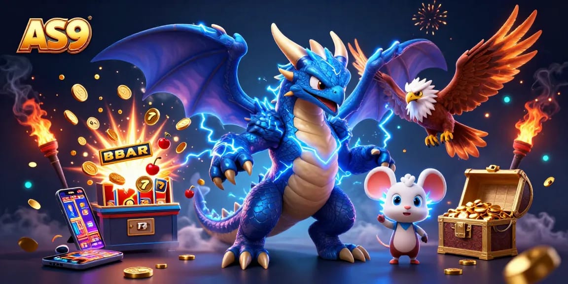 AS9 features a thunder dragon, wind hawk, and thunder mouse in a vibrant casino scene.