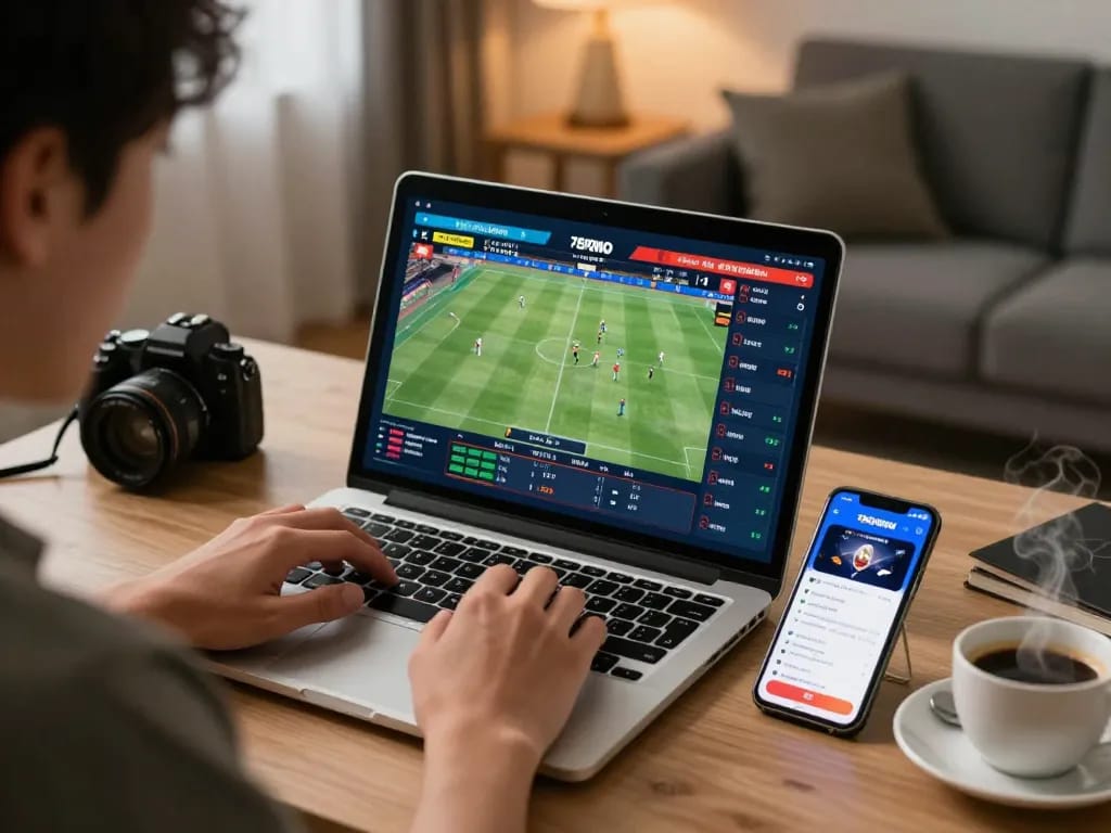 Experience the excitement of betting on trang chủ 789WIN with a person engaged in live sports analysis on a laptop