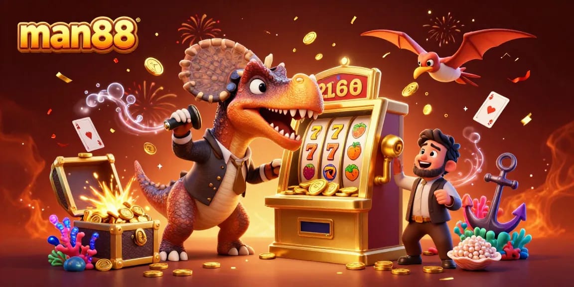 Experience jackpot excitement with man88 as characters play slots amongst treasure and confetti.