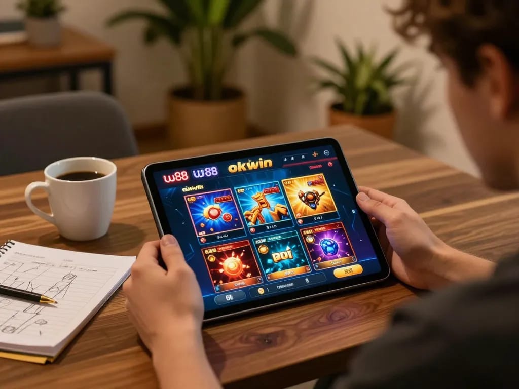 Player engaging with uu88 okwin casino on tablet amidst cozy home setup.